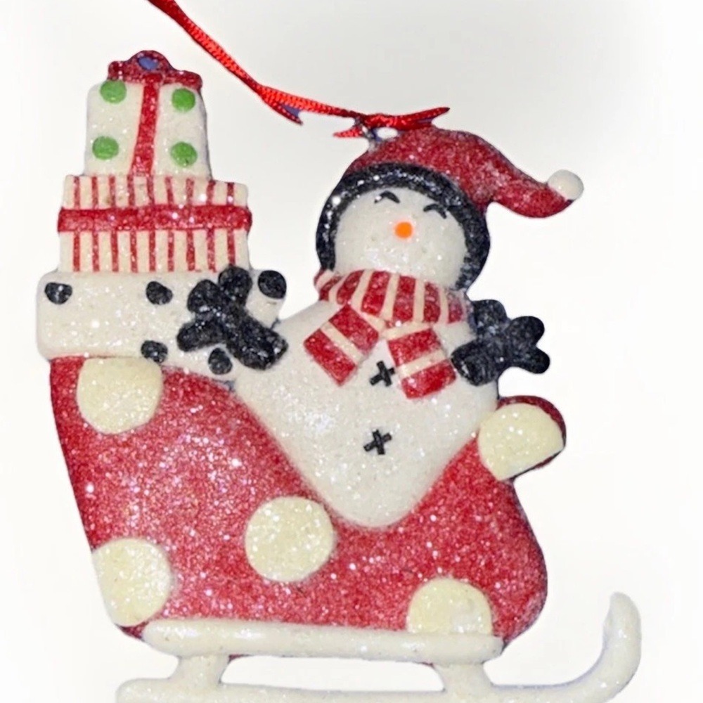 Snowman in Sleigh with Gifts Christmas Ornaments, Glitter, EUC